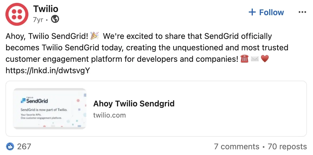 SaaS Email Greetings and Salutations: Screenshot of Twilio’s LinkedIn post about SendGrid’s acquisition

