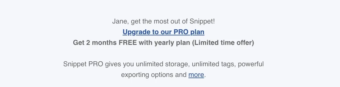 SaaS Email Greetings and Salutations: Intro portion of Snippet’s switch to annual billing email
