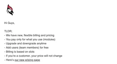 SaaS Email Greetings and Salutations: Intro portion of Woodpecker’s pricing update email
