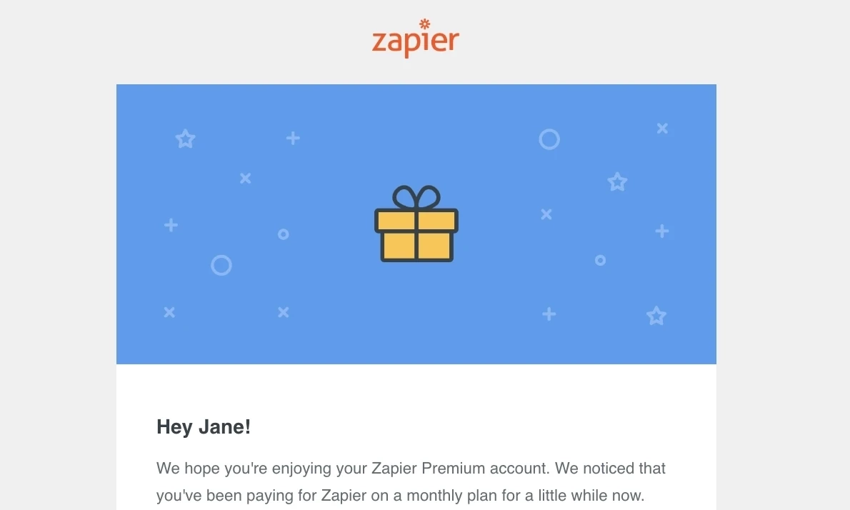 SaaS Email Greetings and Salutations: Intro portion of Zapier’s switch to annual billing email
