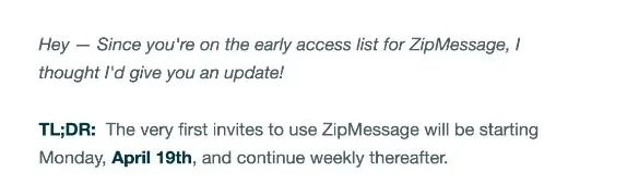 SaaS Email Greetings and Salutations: Intro portion of ZipMessage’s product launch email

