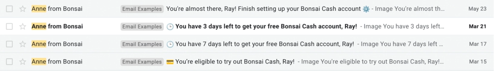 SaaS Email Nurture Campaigns: Bonsai's nurture emails previewed from an inbox