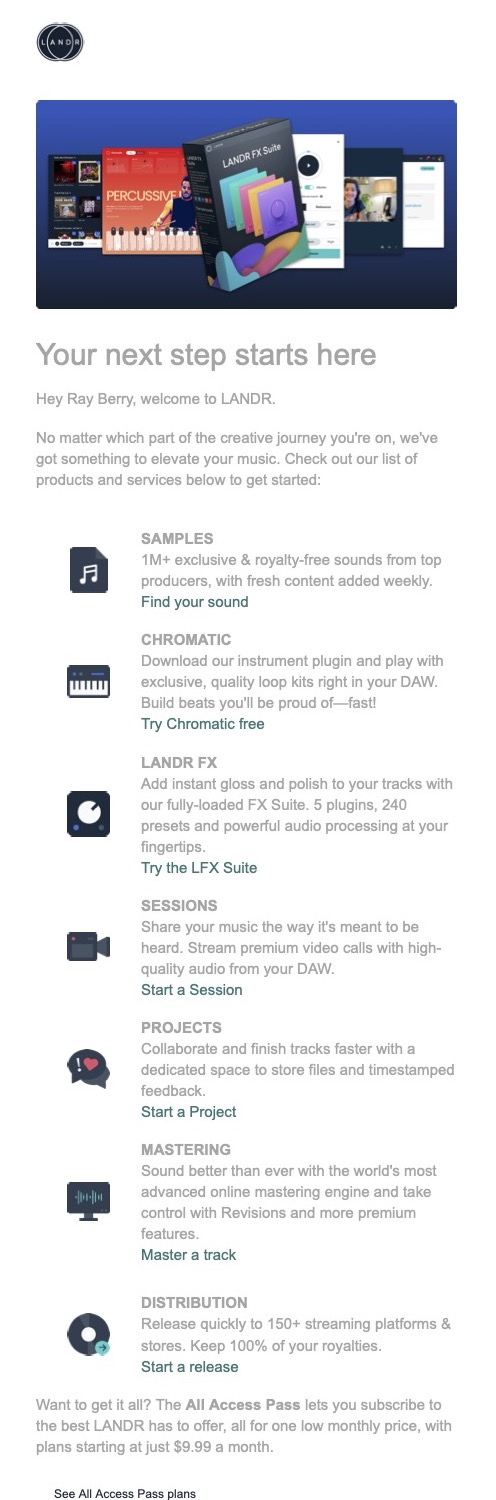 SaaS Email Nurture Campaigns: LANDR's first nurture email