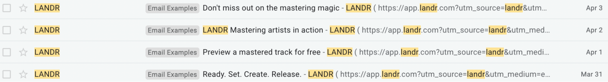 SaaS Email Nurture Campaigns: LANDR's nurture emails previewed from an inbox