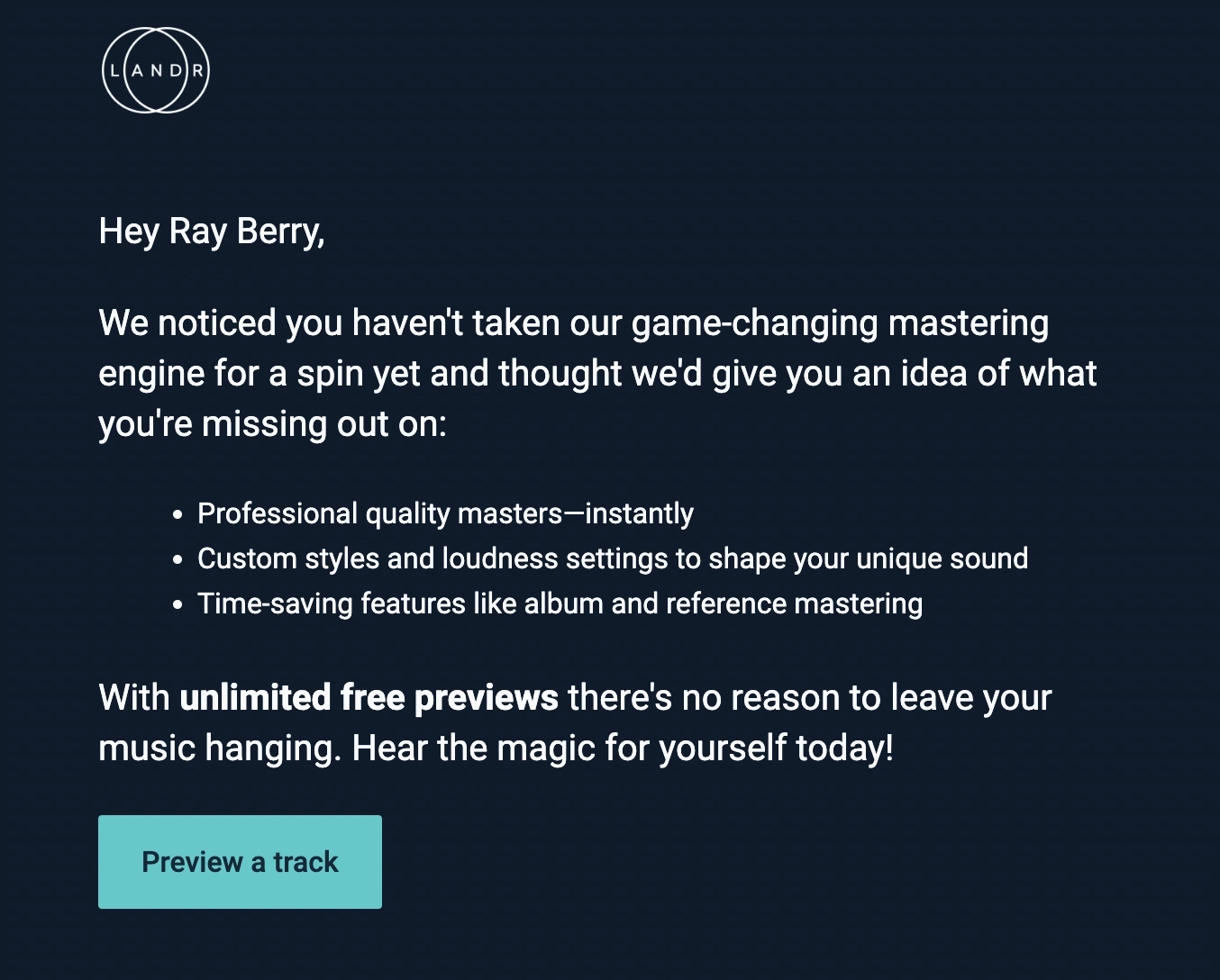 SaaS Email Nurture Campaigns: LANDR's third nurture email
