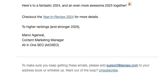 SaaS Email Sign-offs and Signatures: Screenshot of AIOSEO’s year-in-review email