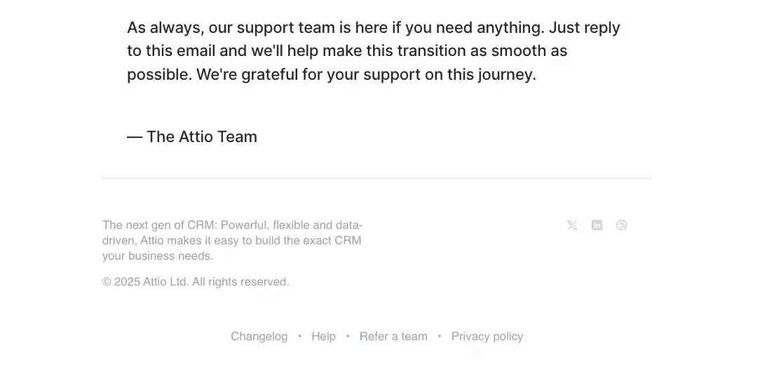 SaaS Email Sign-offs and Signatures: Screenshot of Attio’s pricing update email