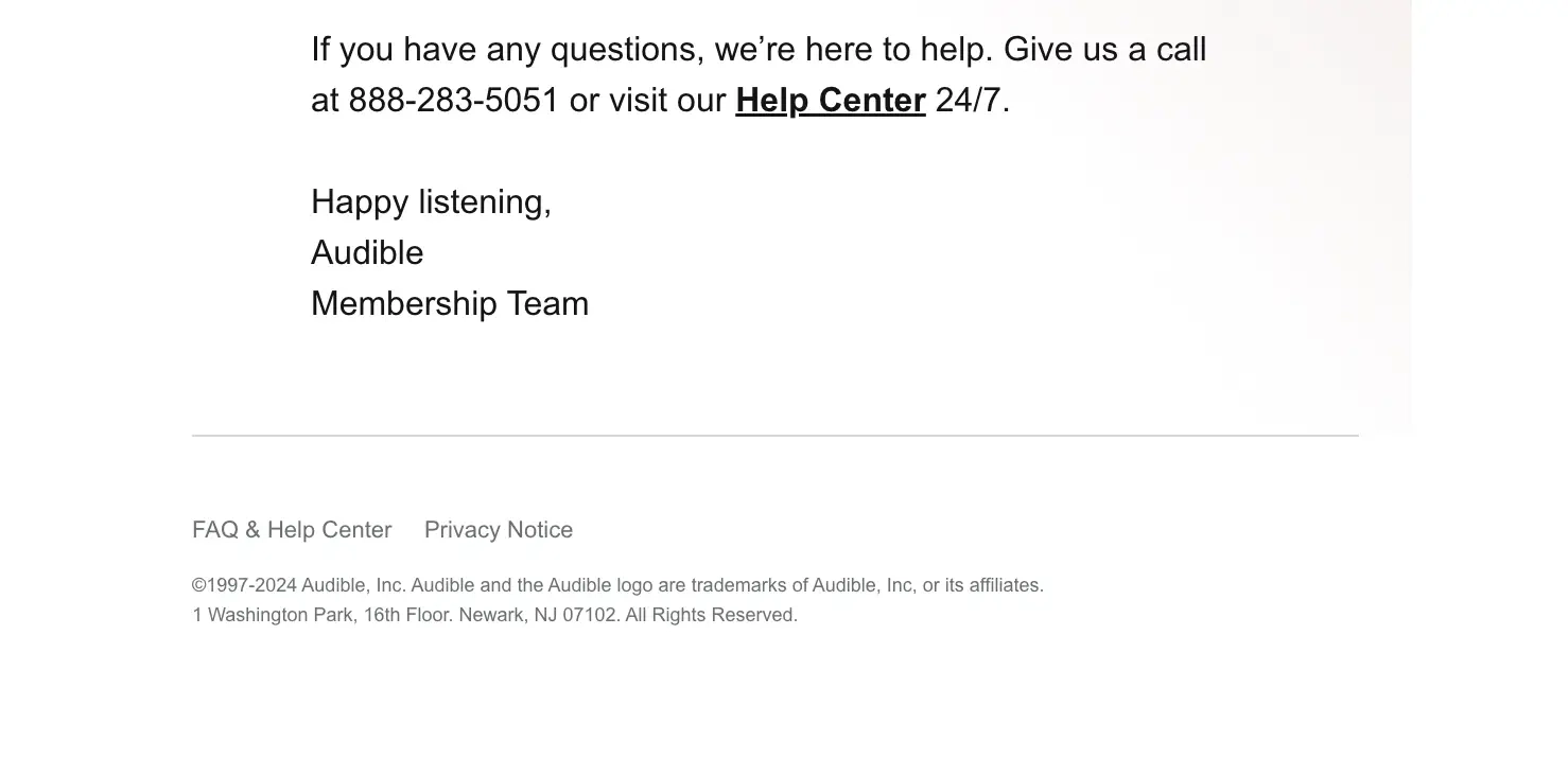 SaaS Email Sign-offs and Signatures: Screenshot of Audible’s renewal email