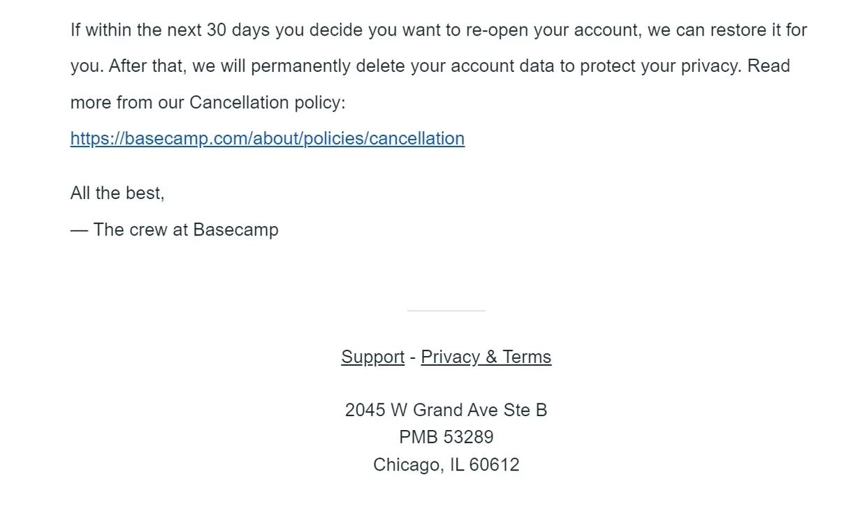 SaaS Email Sign-offs and Signatures: Screenshot of Basecamp’s account removal email