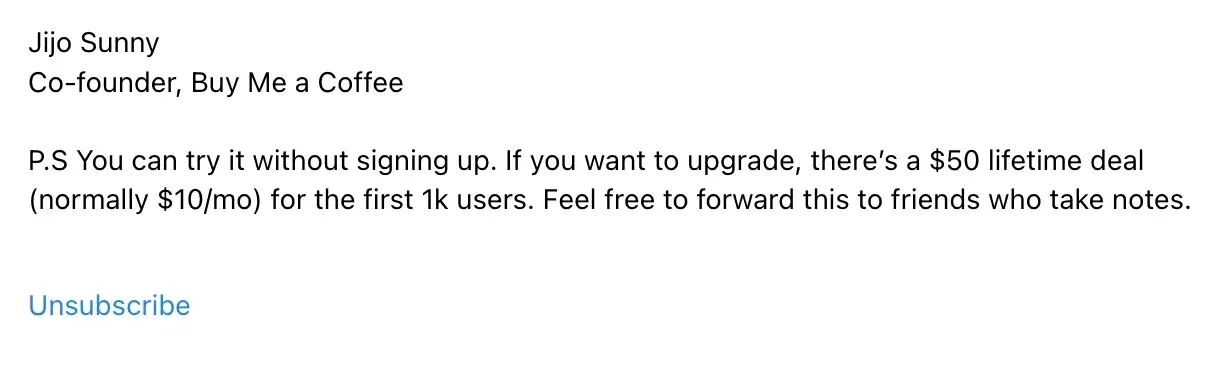 SaaS Email Sign-offs and Signatures: Screenshot of Buy Me a Coffee’s product launch email