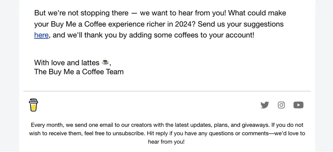 SaaS Email Sign-offs and Signatures: Screenshot of Buy Me a Coffee’s year-in-review email