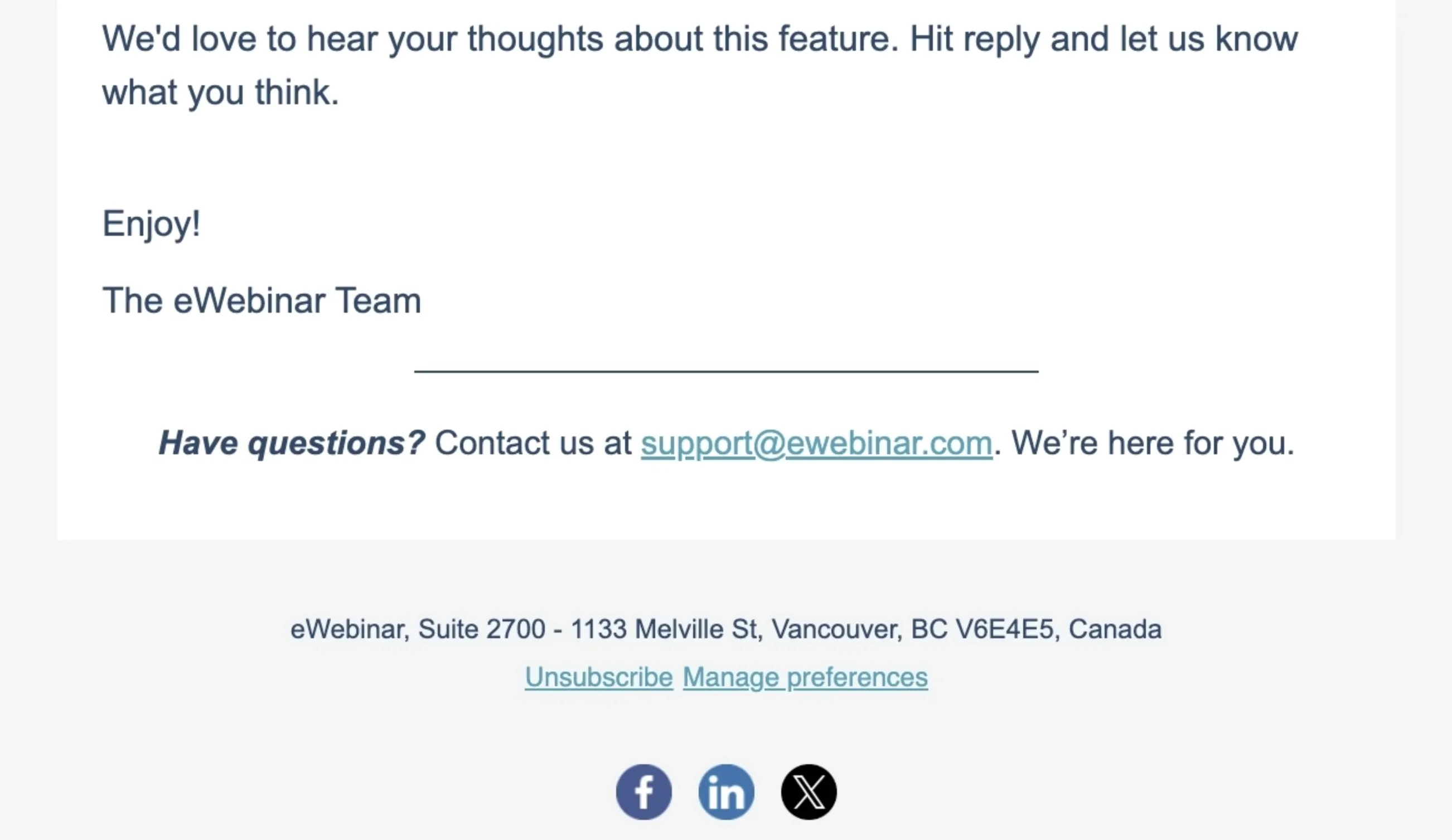 SaaS Email Sign-offs and Signatures: Screenshot of eWebinar’s new integration email