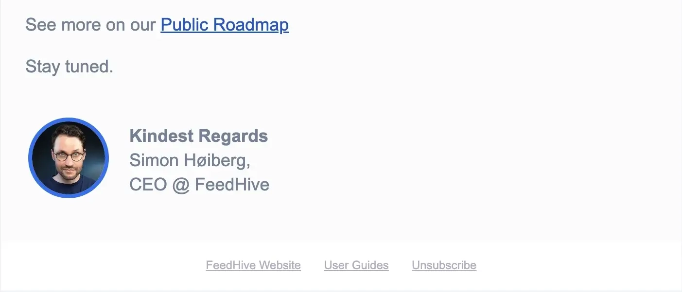 SaaS Email Sign-offs and Signatures: Screenshot of FeedHive’s feature announcement email
