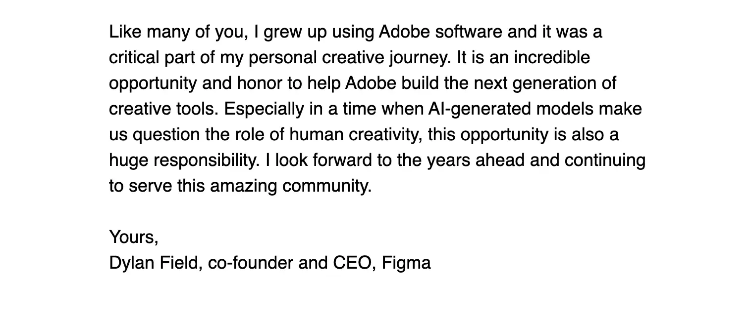 SaaS Email Sign-offs and Signatures: Screenshot of Figma’s acquisition announcement email