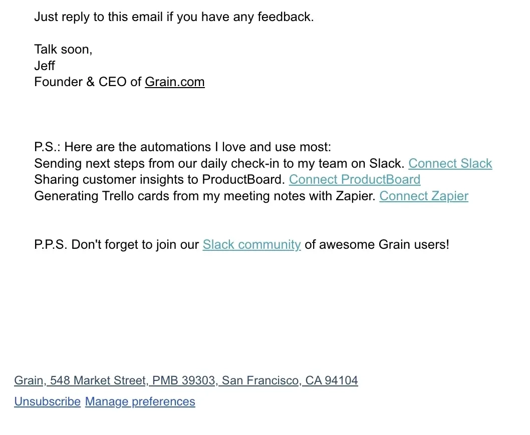 SaaS Email Sign-offs and Signatures: Screenshot of Grain’s email