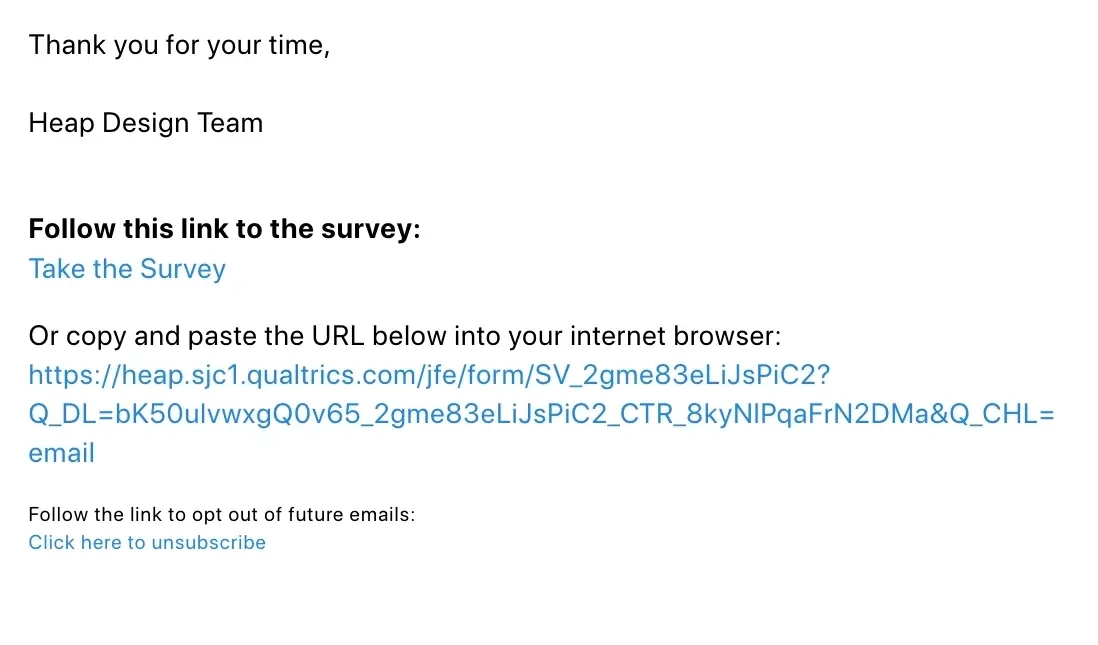 SaaS Email Sign-offs and Signatures: Screenshot of Heap’s survey email