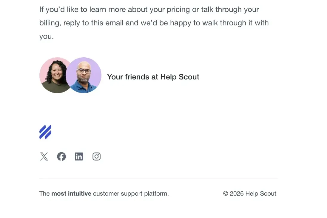 SaaS Email Sign-offs and Signatures: Screenshot of Help Scout’s pricing update email