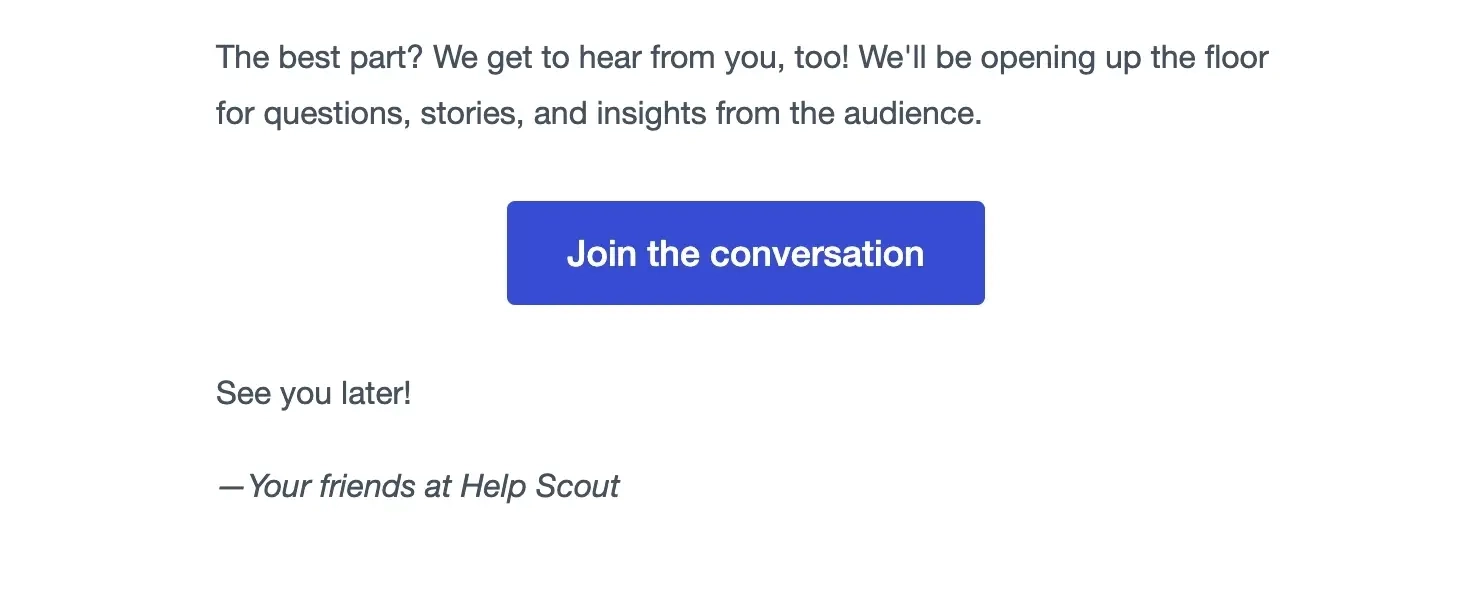 SaaS Email Sign-offs and Signatures: Screenshot of Help Scout’s webinar email