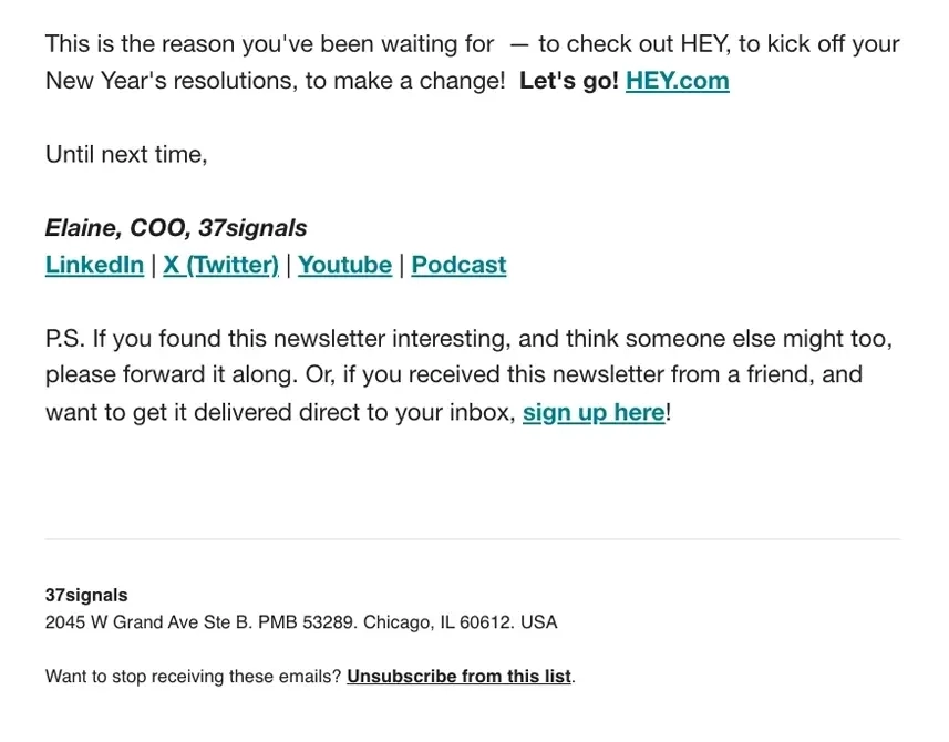 SaaS Email Sign-offs and Signatures: Screenshot of HEY’s new feature announcement email