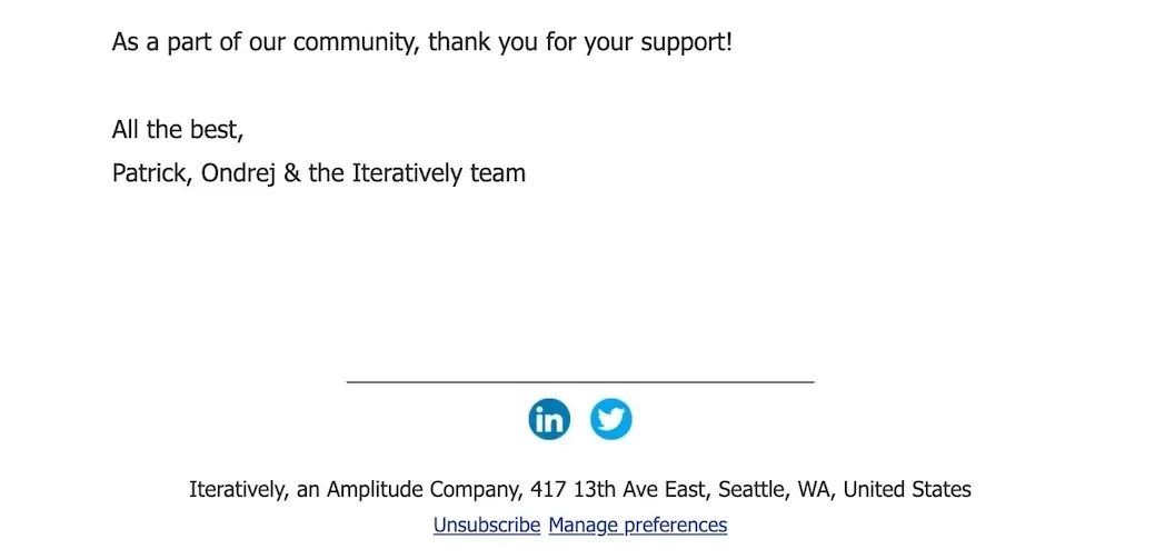SaaS Email Sign-offs and Signatures: Screenshot of Iteratively’s acquisition announcement email