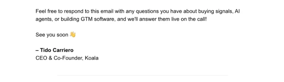 SaaS Email Sign-offs and Signatures: Screenshot of Koala’s webinar email
