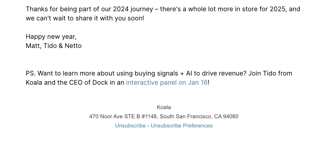 SaaS Email Sign-offs and Signatures: Screenshot of Koala’s year-in-review email