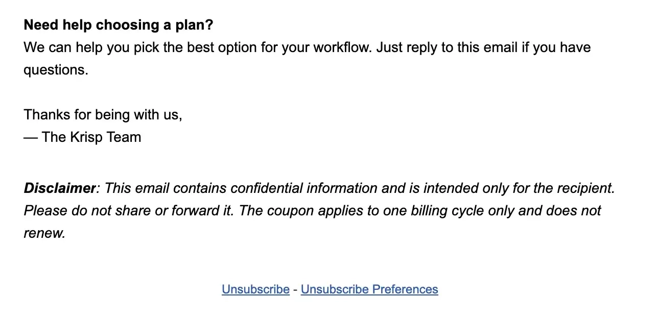 SaaS Email Sign-offs and Signatures: Screenshot of Krisp’s promo email
