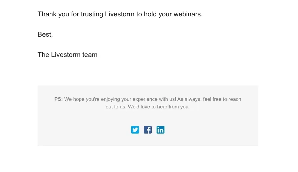 SaaS Email Sign-offs and Signatures: Screenshot of Livestorm’s renewal email