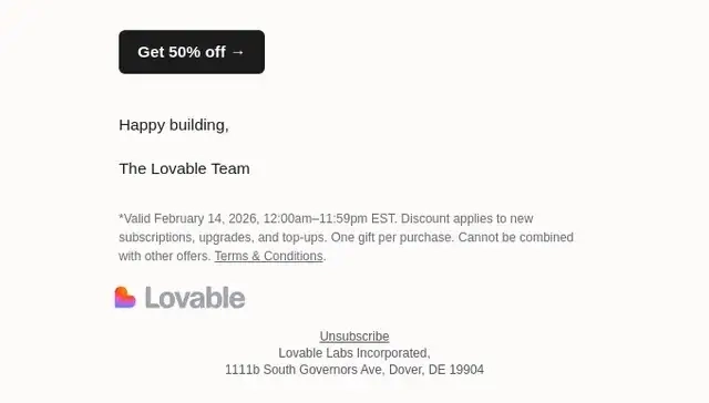 SaaS Email Sign-offs and Signatures: Screenshot of Lovable’s promo email