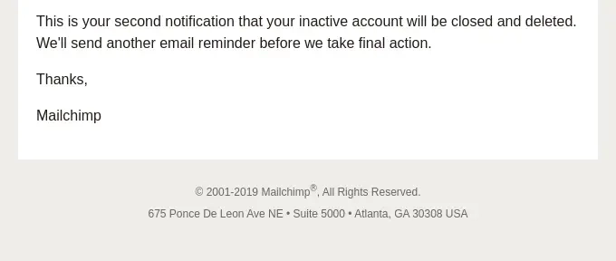 SaaS Email Sign-offs and Signatures: Screenshot of Mailchimp’s account removal email