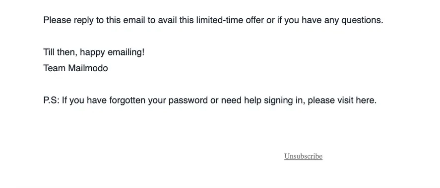 SaaS Email Sign-offs and Signatures: Screenshot of Mailmodo’s account removal email