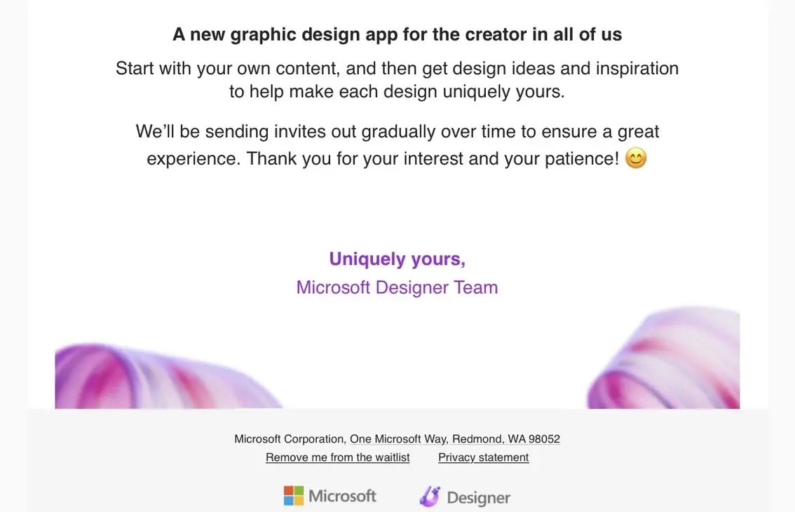 SaaS Email Sign-offs and Signatures: Screenshot of Microsoft’s product launch email for Designer