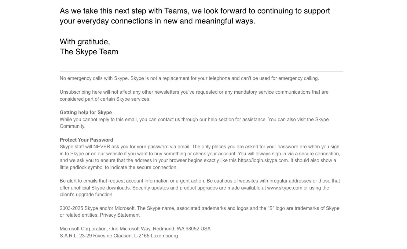 SaaS Email Sign-offs and Signatures: Screenshot of Microsoft’s product sunset email for Skype