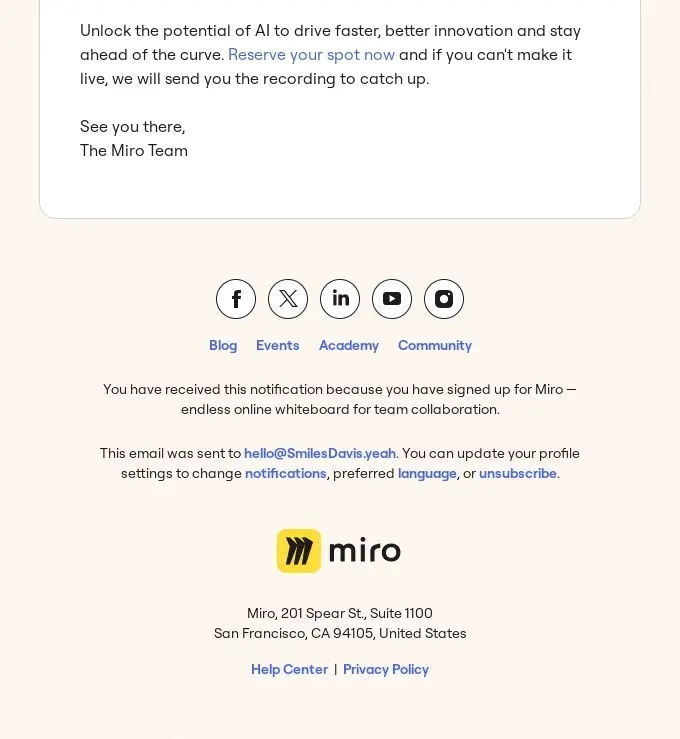 SaaS Email Sign-offs and Signatures: Screenshot of Miro’s webinar email