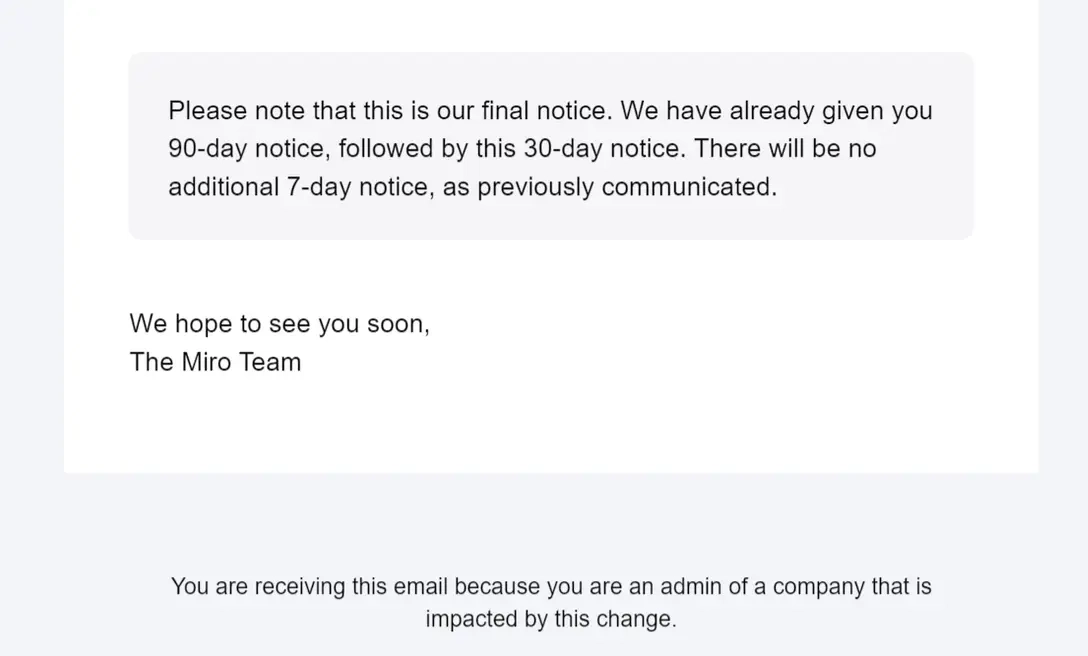 SaaS Email Sign-offs and Signatures: Screenshot of Miro’s account removal email