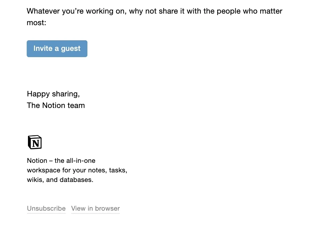 SaaS Email Sign-offs and Signatures: Screenshot of Notion’s invite your team email