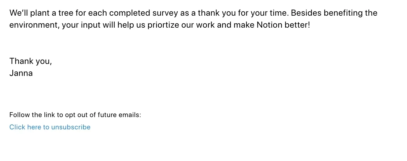 SaaS Email Sign-offs and Signatures: Screenshot of Notion’s survey email