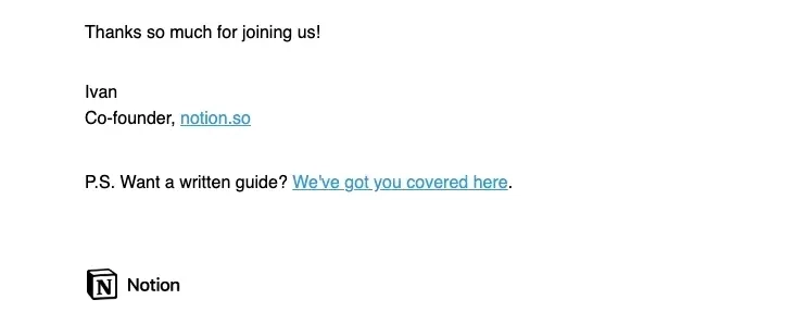 SaaS Email Sign-offs and Signatures: Screenshot of Notion’s welcome email