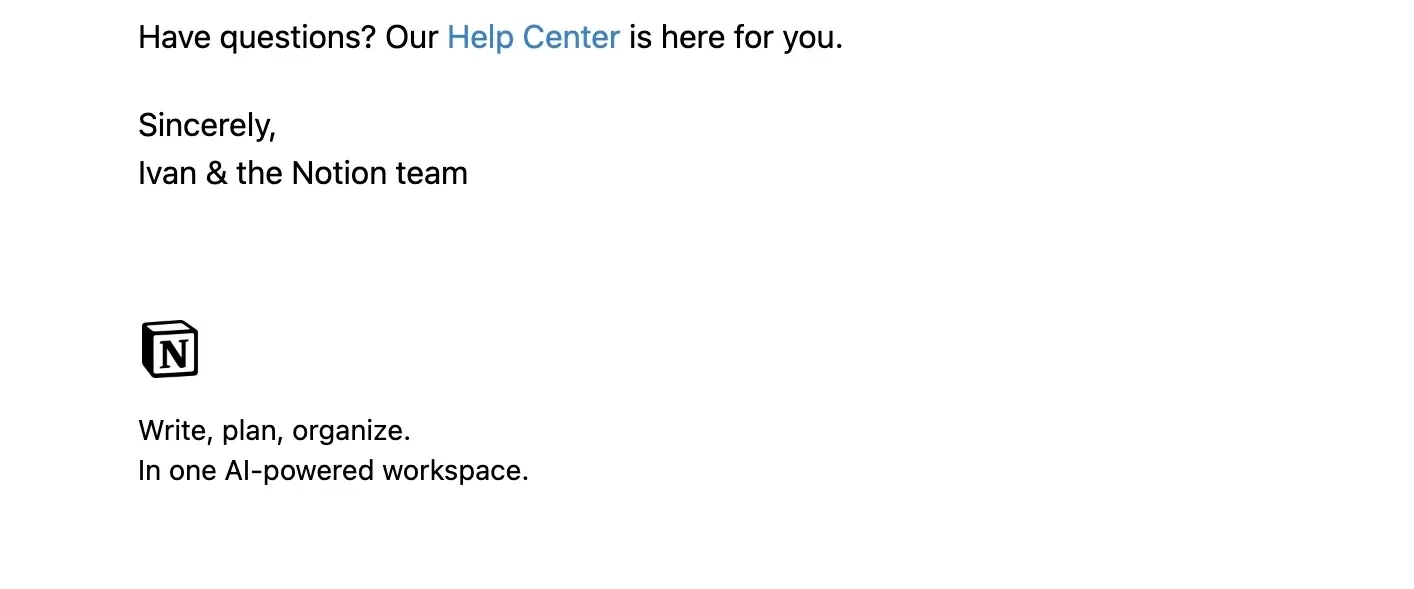 SaaS Email Sign-offs and Signatures: Screenshot of Notion’s pricing update email