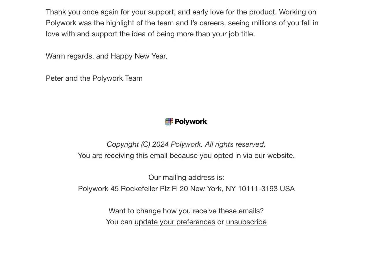 SaaS Email Sign-offs and Signatures: Screenshot of Polywork’s product sunset email