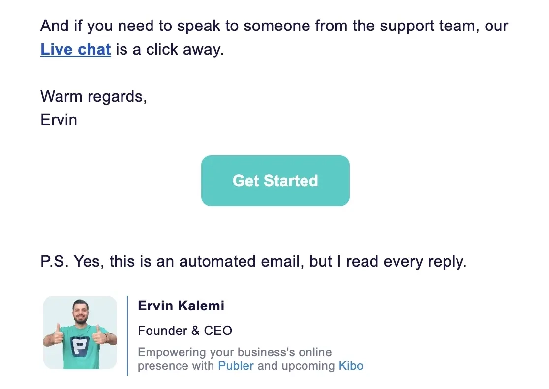 SaaS Email Sign-offs and Signatures: Screenshot of Publer’s welcome email