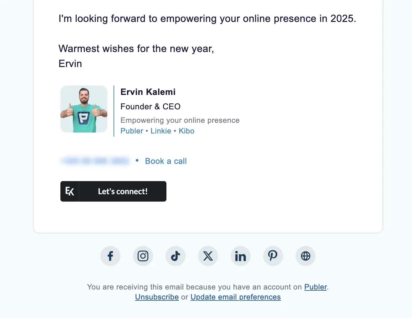 SaaS Email Sign-offs and Signatures: Screenshot of Publer’s year-in-review email