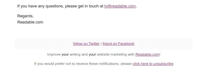 SaaS Email Sign-offs and Signatures: Screenshot of Readable’s renewal email