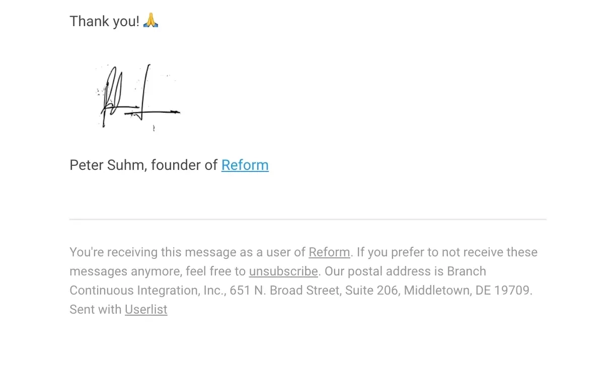 SaaS Email Sign-offs and Signatures: Screenshot of Reform’s survey email