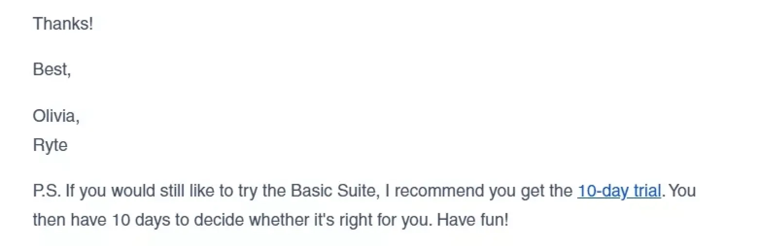 SaaS Email Sign-offs and Signatures: Screenshot of Ryte’s re-engagement email