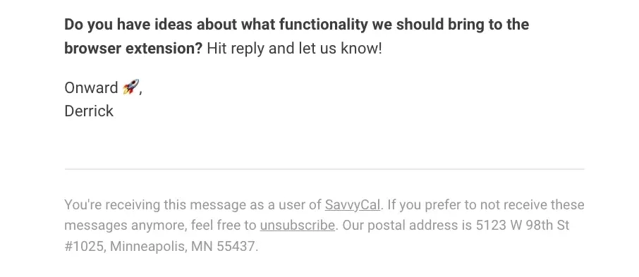 SaaS Email Sign-offs and Signatures: Screenshot of SavvyCal’s feature announcement email