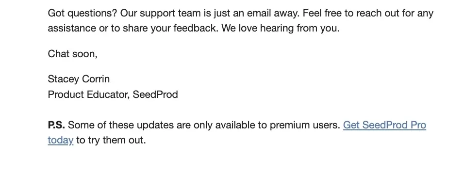SaaS Email Sign-offs and Signatures: Screenshot of SeedProd’s feature announcement email
