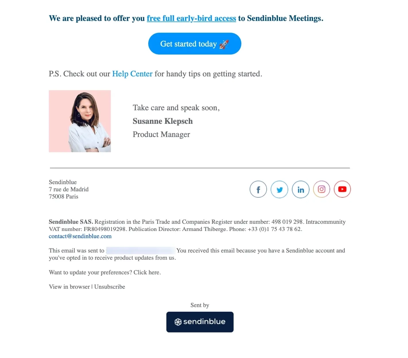 SaaS Email Sign-offs and Signatures: Screenshot of Sendinblue’s product launch email