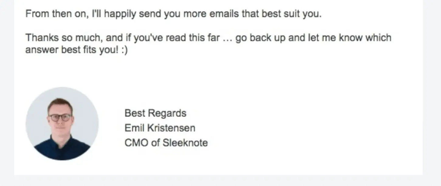 SaaS Email Sign-offs and Signatures: Screenshot of Sleeknote’s survey email
