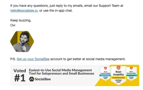 SaaS Email Sign-offs and Signatures: Screenshot of SocialBee’s welcome email